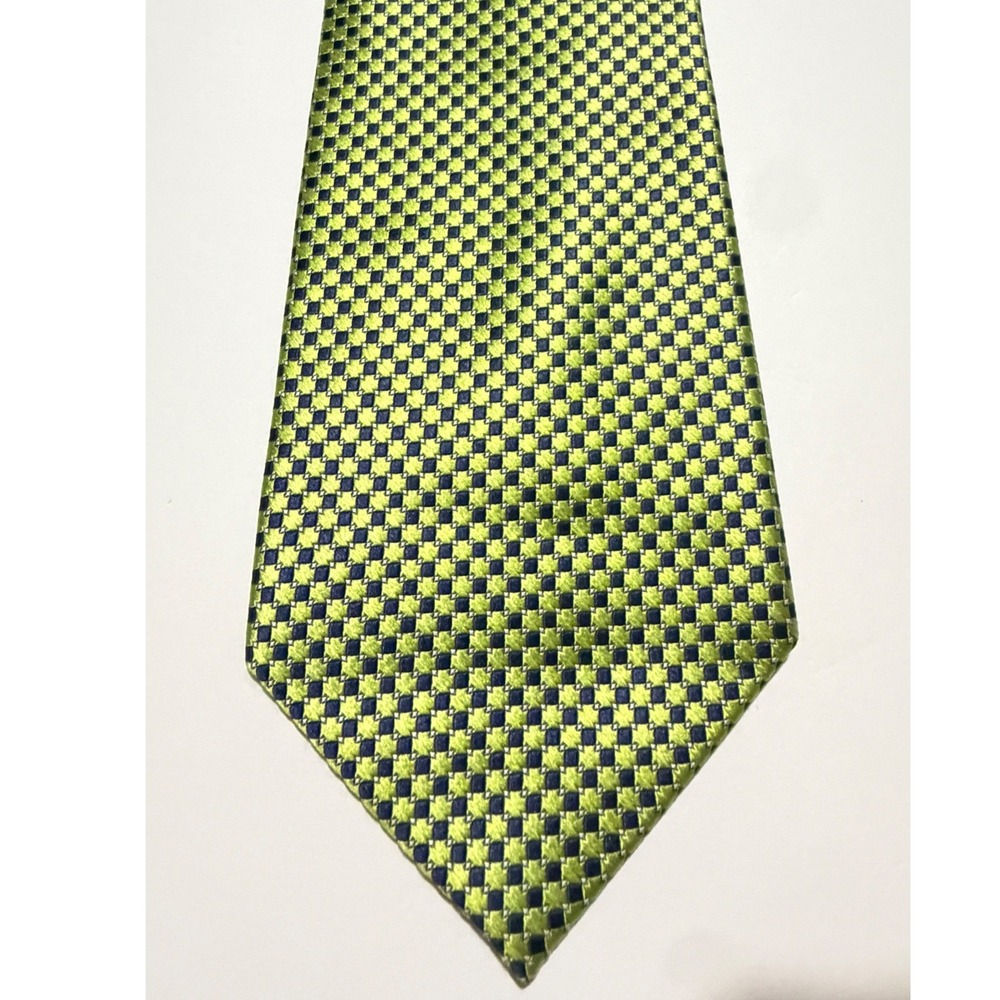 Bruno Piattelli Necktie Sz 3" Lime Green Navy Checkered Silk Hand Made Business